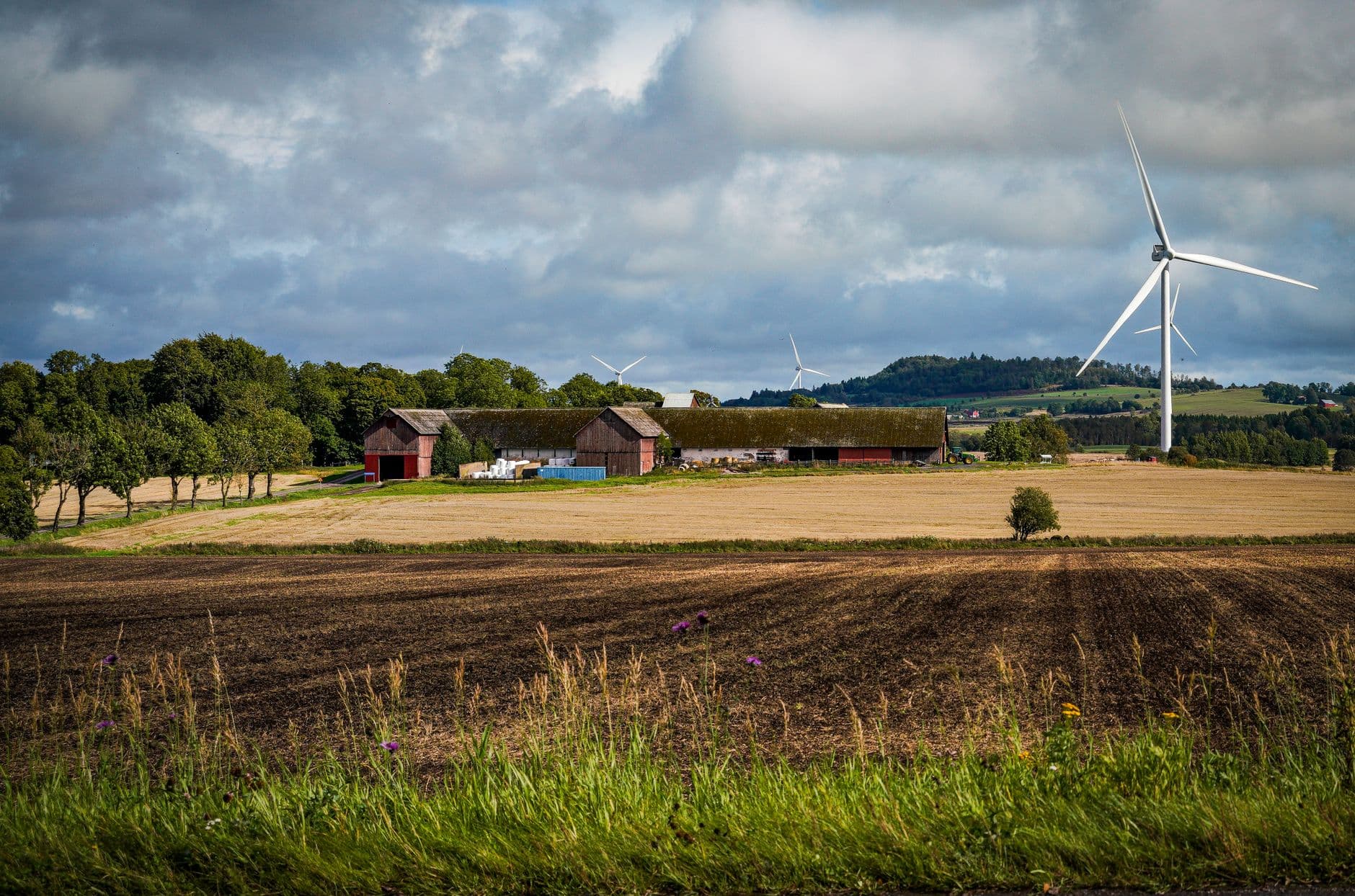 Boerderijschuren tussen akkers met windturbines op de achtergrond onder een bewolkte lucht